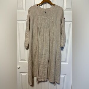 ILEEN Girl Elegant Beige Long Sleeve Linen Dress with Pleats and Tie Strings